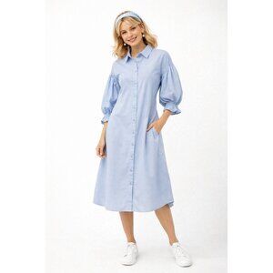 KAFFE KAKIRA DRESS shirt dress cotton poplin blue 40 M L pockets casual preppy